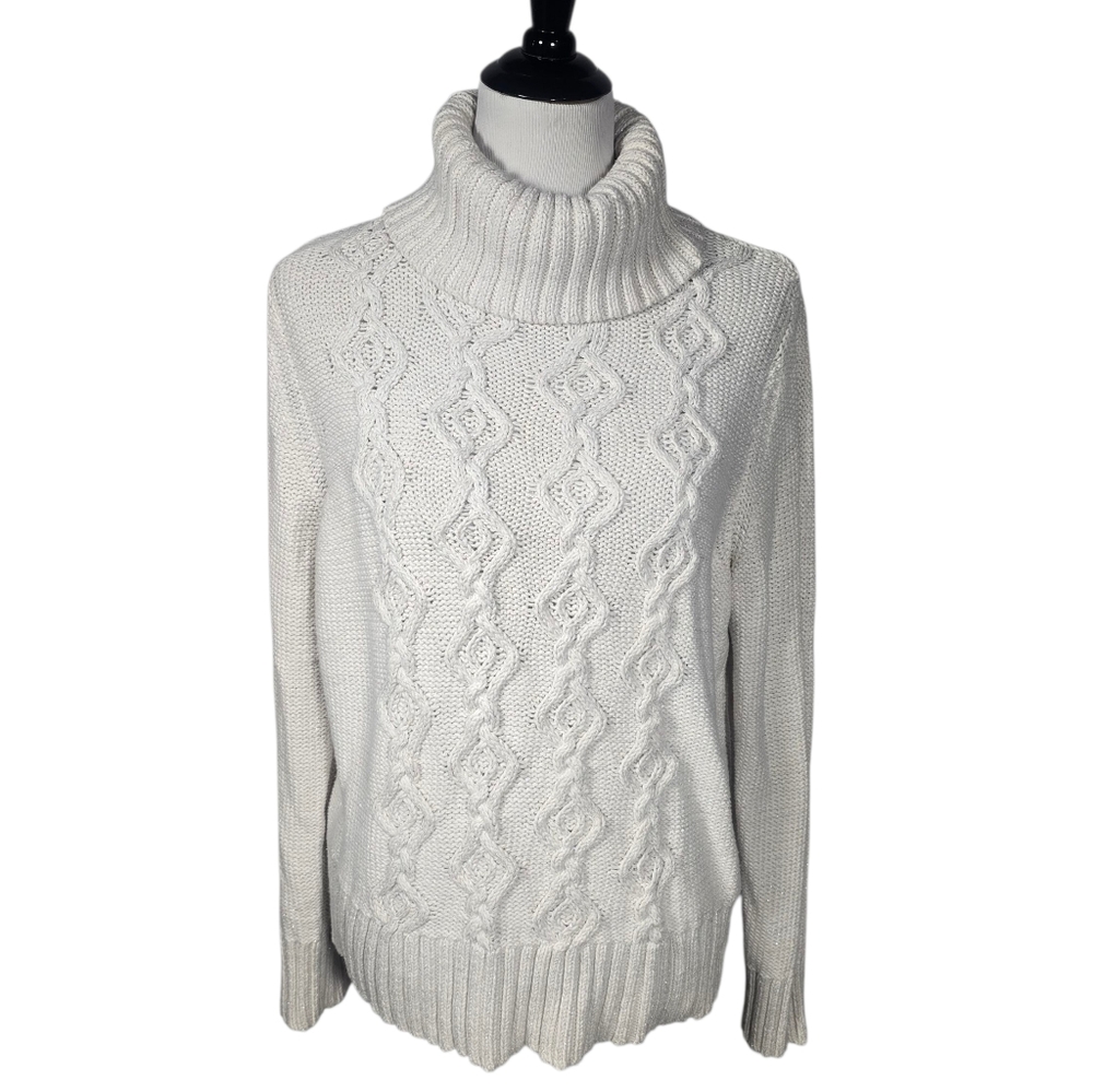LOFT Ann Taylor XL Cream Silver Metallic Cable Knit Turtleneck Sweater